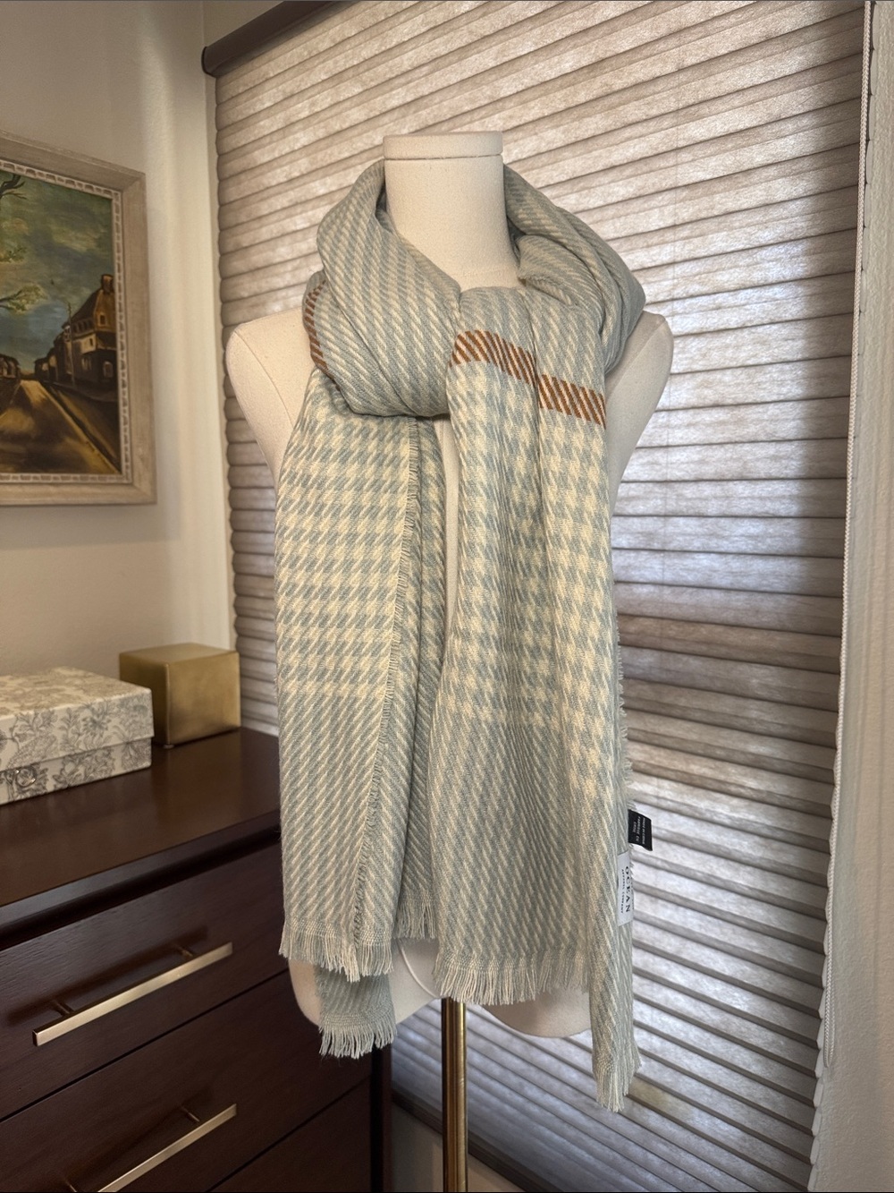 Save the Ocean Light Blue & Cream Houndstooth Scarf with Brown Stripe